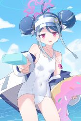  1girl :3 absurdres antenna_hair aqua_hair bare_shoulders blue_archive blue_hair blue_sky blush breasts cloud collarbone commentary covered_navel cowboy_shot day donut_innertube double_bun dual_wielding eyelashes eyes_visible_through_hair food foreshortening fubuki_(blue_archive) fubuki_(swimsuit)_(blue_archive) furrowed_brow hair_between_eyes hair_bun halo hat_ornament heart heart_hat_ornament highres holding holding_food holding_popsicle holding_swim_ring incoming_food innertube jacket jacket_partially_removed lcz loli looking_at_viewer medium_hair multicolored_hair official_alternate_costume official_alternate_hairstyle one-piece_swimsuit open_clothes open_jacket open_mouth outdoors pink_halo popsicle red_eyes sidelocks sky small_breasts smile solo streaked_hair swim_ring swimsuit symbol-only_commentary tsurime visor_cap water whistle whistle_around_neck white_jacket white_one-piece_swimsuit 