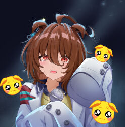  1girl absurdres agnes_tachyon_(umamusume) ahoge animal_ears black_necktie black_shirt brown_hair chemical_structure coat collared_shirt crying crying_with_eyes_open ear_ornament earrings ears_down hair_between_eyes hands_up higeji_(higeji404) highres holding holding_microphone horse_ears horse_girl jewelry lab_coat looking_at_viewer medium_hair microphone necktie open_clothes open_coat red_eyes shirt short_necktie single_earring sleeves_past_fingers sleeves_past_wrists solo stage_lights star_(symbol) tears umamusume variant_set white_coat 
