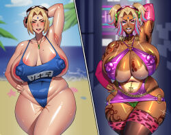  1girl alternate_skin_color animal_print areola_slip arm_behind_head arm_up armpit_hair armpits beach before_and_after blonde_hair blue_one-piece_swimsuit blush breasts cleavage clemvd clemvd collarbone corruption covered_erect_nipples curvy dark-skinned_female dark_areolae dark_skin earrings elbow_gloves eyeshadow eyewear_on_head face_piercing facial_mark forehead_mark ganguro gloves green_nails green_panties gyaru hand_on_own_hip heart heart_tattoo highres hoop_earrings huge_breasts huge_nipples jewelry kogal large_areolae leopard_print looking_at_viewer makeup mature_female mole mole_on_breast multicolored_hair name_tag naruto_(series) navel navel_piercing necklace nipple_piercing nose_piercing o-ring o-ring_swimsuit one-piece_swimsuit open_mouth original outdoors panties piercing pink_gloves plump pubic_tattoo pussy_juice revealing_clothes ring school_swimsuit shiny_skin smile sunglasses swimsuit tan tanline tattoo thick_thighs thighhighs thighs tsunade_(naruto) twintails underwear 