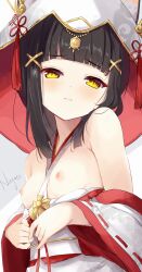  1girl absurdres animal_ears azur_lane bare_shoulders black_hair blush breasts fox fox_ears fox_girl hair_ornament hamiro highres hood japanese_clothes kimono long_sleeves looking_at_viewer nagato_(azur_lane) nagato_(great_fox&#039;s_white_gown)_(azur_lane) nipples official_alternate_costume print_kimono ribbon_trim simple_background small_breasts solo torii upper_body white_background white_kimono wide_sleeves x_hair_ornament yellow_eyes  rating:Questionable score:51 user:danbooru