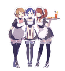 3girls apron asami_moe black_legwear blue_hair brown_hair closed_eyes detached_collar drink drinking_straw enkyo_yuuichirou food frills fruit full_body gachitora!_abarenbou_kyoushi_in_high_school high_heels lemon lemon_slice maid maid_apron maid_headdress maid_paradise menu multiple_girls official_art one_eye_closed orange_eyes shoes short_hair short_twintails simple_background smile suehiro_yui thighhighs tray twintails white_background wink yuuki_koharu zettai_ryouiki rating:Sensitive score:30 user:danbooru