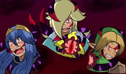 alternate_eye_color angry blonde_hair blue_hair corruption crossover dark_persona dharkon fangs fire_emblem fire_emblem_awakening glowing glowing_eyes hal_laboratory highres intelligent_systems kiravera8 link long_hair looking_at_viewer lucina_(fire_emblem) luma_(mario) nintendo open_mouth pointy_ears possessed possession red_eyes rosalina sharp_teeth short_hair slit_pupils super_smash_bros. teeth tentacles the_legend_of_zelda the_legend_of_zelda:_ocarina_of_time tiara veins young_link rating:Sensitive score:6 user:danbooru