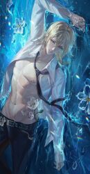  1boy abs alkaid_mcgrath arm_at_side arm_up belt belt_buckle black_belt black_necktie black_pants blonde_hair buckle caustics collared_shirt feet_out_of_frame flower flower_on_liquid green_eyes hair_between_eyes hashtag-only_commentary highres hip_bones holding holding_petal light_smile long_sleeves looking_at_viewer loose_necktie lovebrush_chronicles lying lying_on_water male_focus medium_hair necktie nipples on_back open_clothes open_shirt pants parted_lips petals shallow_water shirt sideways skeleton_flower_(plant) solo toned toned_male transparent_flower water wet wet_clothes wet_shirt white_flower white_shirt yunmaojan 