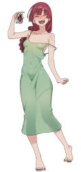  1girl :d absurdres barefoot black_nails blush bocchi_the_rock! breasts closed_eyes collarbone commentary_request dress full_body green_dress hand_up happy highres hiroi_kikuri holding holding_carton long_hair nail_polish open_mouth red_hair sharp_teeth simple_background smile solo standing strap_slip teeth toenail_polish toenails toes tongue upper_teeth_only white_background yan_jhia 