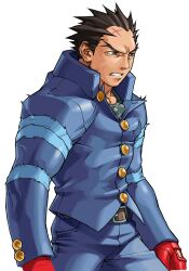  1boy absurdres belt blue_pants clenched_teeth cowboy_shot edaki_shin&#039;ya forked_eyebrows from_side gakuran game_cg gloves highres ichimonji_batsu justice_gakuen male_focus moero!_justice_gakuen non-web_source official_art pants red_gloves scar scar_on_face scar_on_forehead school_uniform serious simple_background solo standing teeth white_background 