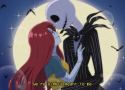 1990s_(style) 1boy 1girl animification brenni_murasaki colored_skin dress formal_clothes jack_skellington jacket long_hair long_sleeves open_mouth patchwork_skin pinstripe_pattern red_hair retro_artstyle sally_(nbc) simple_background skeleton smile stitched_face stitches striped_clothes suit the_nightmare_before_christmas 