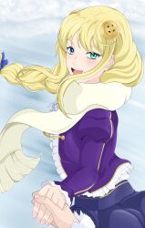 1girl absurdres arm_grab blonde_hair blue_eyes blush braiding_hair dress green_eyes hair_ornament hairdressing heterochromia highres isekai_wa_smartphone_to_tomo_ni. long_hair looking_at_viewer open_mouth outdoors princess purple_dress purple_sleeves scarf skirt smile very_long_hair winter yumina_elnea_belfast 