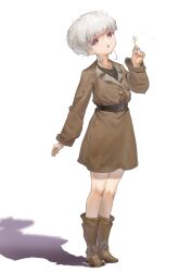  1girl :o absurdres belt black_belt boots brown_boots brown_coat coat dandelion_clock deemo echo_(deemo) flower full_body grey_hair highres holding holding_flower long_sleeves looking_at_viewer parted_lips purple_eyes shadow short_hair simple_background solo standing sterlank white_background 