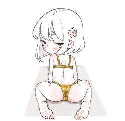  1girl arm_support ass barefoot bikini black_eyes blush flower from_behind gold_bikini golden_week hair_flower hair_ornament loli looking_at_viewer looking_back original pale_skin qtkat short_hair sitting swimsuit wariza white_background white_hair 