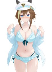  1girl alternate_costume animal_ears bikini blue_eyes blush breasts cheval_grand_(umamusume) closed_mouth collarbone commentary_request hair_between_eyes hat highres horse_ears horse_girl jacket looking_at_viewer medium_breasts medium_hair nanasedayoxd navel solo sweatdrop swimsuit umamusume white_background 
