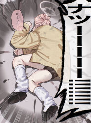  1girl asupa_mayo0210 bike_shorts black_shorts blue_archive clenched_hands commentary_request dirty dirty_clothes dragon_ball dragonball_z emphasis_lines full_body hair_bun halo highres jacket kneehighs long_sleeves loose_socks lying meme natsu_(band)_(blue_archive) natsu_(blue_archive) official_alternate_costume on_side outdoors parody pink_hair pink_halo shorts shouting single_side_bun skindentation socks solo speech_bubble translated twitter_username white_socks yamcha_pose_(meme) yellow_jacket 