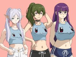  3girls alternate_costume bespectacled black-framed_eyewear black_choker black_shorts blue_shorts blunt_bangs breasts character_print choker collarbone commentary contemporary cropped_shirt dolphin_shorts earrings elf english_commentary fern_(sousou_no_frieren) frieren gen_1_pokemon glasses green_hair grey_hair half_updo hand_on_own_hip hands_in_pockets highres huge_breasts jewelry light_smile lineup long_hair looking_at_viewer matching_outfits medium_breasts midriff multiple_girls navel nintendo pants parted_bangs pink_background pointy_ears pokemon print_shirt purple_hair shiren_(ourboy83) shirt shorts side_ponytail simple_background sleeveless sleeveless_shirt small_breasts sousou_no_frieren squirtle stomach teardrop_earrings twintails ubel_(sousou_no_frieren) very_long_hair white_pants 