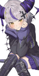  1girl absurdres armband black_boots black_horns black_jacket blunt_bangs blush boots commentary cowlick crescent crescent_hair_ornament cross_hair_ornament demon_horns earrings feet_out_of_frame flame_print grey_hair grin hair_ornament hands_on_own_cheeks hands_on_own_face highres hololive horn_ornament horn_ribbon horns jacket jewelry kakeru_(kakekaker001) knee_boots knees_together_feet_apart la+_darknesss la+_darknesss_(casual) lace-up_boots large_horns looking_at_viewer miniskirt multicolored_hair multicolored_horns official_alternate_costume official_alternate_hairstyle plaid_clothes plaid_skirt pleated_skirt purple_armband purple_hair purple_horns purple_ribbon purple_skirt purple_thighhighs ribbon short_hair simple_background sitting skirt sleeves_past_fingers sleeves_past_wrists slit_pupils smile solo sparkle_hair_ornament streaked_hair striped_horns thighhighs thighhighs_under_boots two-tone_hair two-tone_horns virtual_youtuber white_background yellow_eyes zettai_ryouiki 