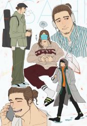  1boy absurdres adam&#039;s_apple azumane_asahi breath brown_eyes brown_hair cardigan carrying carrying_over_shoulder carrying_under_arm casual cellphone character_name closed_eyes coat collage collared_shirt covered_face cup document_tube dress_shoes expressionless facial_hair goatee haikyuu!! hair_bun hair_down headphones highres hood hooded_cardigan hot_drink jewelry jotuesday19 long_hair long_sideburns loungewear male_focus mask mouth_mask muscular muscular_male orange_shirt phone portfolio ring sandals shirt shoes sideburns single_hair_bun sneakers solo spoken_squiggle squiggle talking_on_phone text_background trench_coat tube_socks umbrella walking white_background white_shirt 