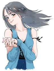  1girl arm_ribbon arm_warmers black_eyes black_hair blue_arm_warmers blush commentary_request earrings final_fantasy final_fantasy_viii floating_hair highres jas_(jasjasjasart) jewelry long_hair own_hands_together ribbon rinoa_heartilly sleeveless_duster smile solo white_background 