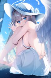  1girl absurdres angel angel_wings artist_name back backless_dress backless_outfit bare_back bare_shoulders barefoot blue_bow blue_eyes blue_sky blush bow breast_press breasts closed_mouth commentary_request contrail criss-cross_strings crossed_bangs day dress falling_feathers feathered_wings feathers from_behind grey_hair hair_between_eyes halo hand_up hat hat_bow highres hugging_own_legs knees_to_chest knees_up large_breasts legs light_particles long_hair looking_at_viewer looking_back open_hand original plaid_bow sideboob signature sitting sky smile solo summer sweat takemura_kou thighs turning_head very_long_hair wariza watermark waving white_dress white_halo white_hat white_wings wings 