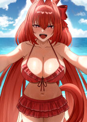  1girl :d animal_ears bikini bikini_skirt blue_sky blush bow breasts brown_hair cleavage cloud cloudy_sky collarbone daiwa_scarlet_(trifle_vacation)_(umamusume) daiwa_scarlet_(umamusume) fang frilled_bikini frills front-tie_bikini_top front-tie_top hair_between_eyes hair_bow hair_intakes highres horse_ears horse_girl horse_tail large_breasts long_hair looking_at_viewer low_twintails motusii navel official_alternate_costume open_mouth outdoors red_bikini red_bow red_eyes signature sky smile solo swimsuit tail thighs twintails umamusume very_long_hair water wet 
