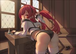  1girl ahoge ass bare_shoulders bent_over black_hairband black_panties blush bunching_hair come_hither desk eris_greyrat hairband highres holding holding_hair huge_ass indoors loli long_hair long_sleeves looking_at_viewer looking_back mushoku_tensei no_pants off-shoulder_shirt off_shoulder open_mouth panties presenting presenting_ass red_eyes red_hair shirt side_ponytail solo tenory thick_thighs thighhighs thighs underwear white_thighhighs 