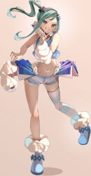  1girl arm_warmers blue_choker blush choker earrings eyelashes fluffy green_eyes green_hair hair_ornament highres jewelry lisia_(pokemon) long_hair looking_at_viewer midriff momdy_(talesshinja) navel nintendo open_mouth overskirt pokemon pokemon_oras shorts shorts_under_skirt sidelocks simple_background single_thighhigh smile solo striped_clothes striped_thighhighs teeth thighhighs 