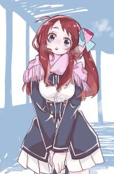  1girl blue_bow blue_bowtie blue_eyes blue_jacket blue_ribbon bow bowtie breasts breath cowboy_shot enpera hair_ribbon head_tilt highres holding jacket long_hair long_sleeves looking_at_viewer medium_breasts minamoto_sakura one_side_up open_mouth petalo55 pink_ribbon pink_scarf pleated_skirt polka_dot polka_dot_ribbon red_hair ribbon scarf school_uniform shirt sketch_background skirt solo striped_bow striped_bowtie striped_clothes teeth underbust upper_teeth_only white_shirt white_skirt zombie_land_saga 