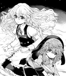  2girls alcohol apron black_dress black_ribbon black_sky bottle braid breasts commentary_request crossed_bangs dress floating_hair frilled_dress frills glass_bottle grass grey_shirt greyscale hair_between_eyes holding holding_bottle kirisame_marisa kneeling long_dress long_hair long_sleeves looking_at_viewer lotus_eaters lying medium_breasts medium_hair messy_hair mizumoto_tadashi monochrome multiple_girls no_headwear okunoda_miyoi on_side parted_lips puffy_long_sleeves puffy_sleeves ribbon shirt shirt_ribbon single_braid sky sleeveless sleeveless_dress touhou upper_body whale_hat white_shirt 