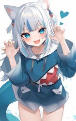  1girl absurdres ai-generated animal_costume animal_ears bare_legs blue_hoodie blue_nails blunt_bangs cat_ears claw_pose fins fish_tail gawr_gura gawr_gura_(1st_costume) hair_ornament heart highres hololive hololive_english hood hoodie long_sleeves looking_at_viewer multicolored_hair noalie07 open_mouth shark_costume shark_girl shark_hair_ornament shark_tail sharp_teeth smile solo streaked_hair tail teeth thighs two_side_up virtual_youtuber white_background white_hair 