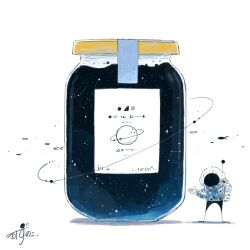  1other artist_name backpack bag blue_jacket commentary constellation facing_viewer fake_text fish flying_fish gloves hands_up helmet highres jacket jam jar kazunoko_(kazunoko_zunoco) orbited original planet radio_antenna signature simple_background solo space space_helmet star_(sky) tape white_background white_gloves 