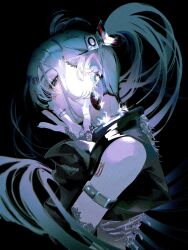  1girl aqua_eyes aqua_hair aqua_nails arm_belt arm_tattoo arm_warmers black_background black_gemstone earrings from_side gem groovy_high hand_tattoo hatsune_miku highres jewelry long_hair looking_at_viewer nail_polish pointy_ears ring sideways_glance simple_background sleeveless solo tattoo twintails upper_body vocaloid 