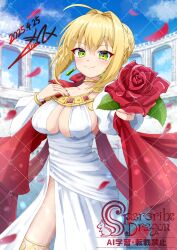  1girl ahoge architecture blonde_hair blue_sky breasts center_opening colosseum commentary_request dated earrings falling_petals fate/grand_order fate_(series) flower greco-roman_architecture green_eyes gu-rahamu_omega_x hair_intakes highres holding holding_flower jewelry looking_at_viewer nero_claudius_(fate) nero_claudius_(formal_dress)_(fate) petals red_flower red_rose rose short_hair sideboob sky smile solo 