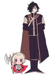 &gt;:&lt; 1boy 1girl armor arms_behind_back axe blush cape chibi do_m_kaeru edelgard_von_hresvelg fire_emblem fire_emblem:_three_houses fire_emblem_warriors fire_emblem_warriors:_three_hopes full_body hubert_von_vestra nintendo red_cape shaded_face simple_background size_difference standing white_background white_hair 