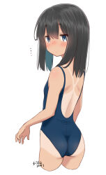  ... 1girl artist_name ass black_hair blue_eyes blue_one-piece_swimsuit breasts cropped_legs dated from_behind highres looking_at_viewer looking_back medium_breasts one-piece_swimsuit one-piece_tan original retsumaru school_swimsuit simple_background small_breasts solo swimsuit tan tanline white_background 