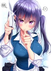 1girl anger_vein apron black_skirt bleeding blood blue_vest female_focus finger_in_own_mouth holding holding_knife knife lens_flare long_sleeves looking_at_viewer mokufuu original pleated_skirt purple_eyes purple_hair shirt skirt sleeves_rolled_up solo speech_bubble spoken_anger_vein thought_bubble twintails vest white_apron white_shirt rating:Sensitive score:7 user:danbooru