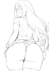 1girl ass asui_tsuyu boku_no_hero_academia cowboy_shot from_behind hair_between_eyes hair_rings highres jacket long_hair looking_at_viewer looking_back looking_down monochrome panties parallaxfused pleated_skirt skirt solo turning_head underwear very_long_hair rating:Questionable score:62 user:danbooru