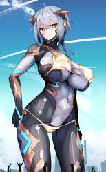  1girl absurdres bikini bikini_over_clothes blue_hair blue_sky bodysuit breasts cloud colossus_(natsukaze_shigure) contrail covered_navel crowd day giant giantess gold_bikini green_eyes grey_hair hair_between_eyes hand_on_own_hip hexagon_print highres huge_breasts impossible_bodysuit impossible_clothes large_breasts long_hair looking_at_viewer medium_hair multiple_others natsukaze_shigure navel original outdoors shiny_clothes short_hair silhouette skin_tight sky solo_focus standing swimsuit variant_set yellow_bikini 
