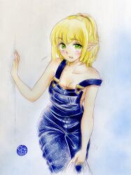  1girl bag bare_shoulders blonde_hair blue_background blush denim_overalls gradient_background green_eyes hand_on_wall highres holding holding_bag medium_hair mizuhashi_parsee naked_overalls open_mouth overalls plastic_bag pointy_ears q-bee_(aaru) solo strap_slip touhou traditional_media white_background 