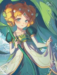  1girl afk_(series) afk_journey ahoge braid braided_hair_rings brown_hair chikenryice closed_mouth cowboy_shot double-parted_hair dress forehead forehead_jewel green_eyes hair_rings hewynn_(afk) highres holding holding_leaf jewelry layered_sleeves leaf leaf_umbrella logo long_sleeves looking_at_viewer outdoors puffy_short_sleeves puffy_sleeves short_eyebrows short_hair short_over_long_sleeves short_sleeves sidelighting skirt_hold smile solo standing thick_eyebrows twin_braids water_drop white_dress 