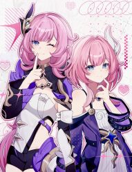  2girls ;) black_shorts blue_eyes breasts coat commentary company_connection corset cyrene_(honkai:_star_rail) dress elf elysia_(honkai_impact) elysia_(miss_pink_elf)_(honkai_impact) hair_ornament heart highres honkai:_star_rail honkai_(series) honkai_impact_3rd inoue_marina jewelry large_breasts multicolored_hair multiple_girls necklace one_eye_closed pino_(pino2452) pointy_ears purple_coat short_shorts shorts small_breasts smile symbol-only_commentary two-tone_hair voice_actor_connection white_corset white_dress white_hair yanning 