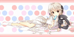 1girl antenna_hair arm_support black_ribbon border brown_eyes dress eating expressionless flat_chest food full_body hair_ribbon holding holding_food holding_popsicle holding_stuffed_toy hug kasugano_sora kyuri_tizu long_hair looking_at_viewer lying on_side pink_border polka_dot polka_dot_background popsicle puffy_short_sleeves puffy_sleeves ribbon short_sleeves solo straight_hair stuffed_animal stuffed_rabbit stuffed_toy very_long_hair white_background white_dress white_hair yosuga_no_sora rating:Sensitive score:2 user:danbooru