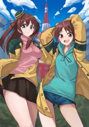  2girls arms_up breasts fiesta_(fiesta303) go!_go!_nippon! go!_go!_nippon!_~my_first_trip_to_japan~ highres hood hoodie looking_at_viewer medium_breasts misaki_akira misaki_makoto_(go!_go!_nippon!) multiple_girls outdoors shorts skirt sweater tagme tokyo_tower virtual_youtuber 