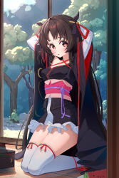  absurdres black_hair black_kimono hair_ribbon highres japanese_clothes kimono kimono_skirt long_hair looking_at_viewer machine-doll_wa_kizutsukanai ribbon short_kimono short_yukata thighhighs white_thighhighs yaya_(machine-doll) yukata 