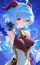  1girl ahoge bare_shoulders black_horns blue_hair bodystocking breasts chinese_commentary closed_mouth commentary_request ganyu_(genshin_impact) genshin_impact goat_horns hair_between_eyes hand_up highres horns large_breasts long_hair looking_at_viewer multicolored_eyes purple_eyes solo two-tone_eyes very_long_hair yellow_eyes yueyueyue_yao 