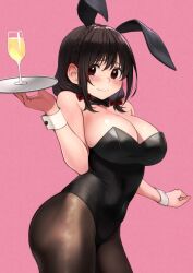  1girl alternate_costume animal_ears ass ass_focus bare_arms bare_shoulders black_bow black_bowtie blush bow bowtie braid breasts brown_pantyhose cleavage closed_mouth commentary_request covered_navel crown_braid cup drinking_glass fake_animal_ears hair_between_eyes hair_bow highres holding holding_tray izawa_(bhive003) kono_subarashii_sekai_ni_shukufuku_wo! large_breasts leotard long_hair looking_at_viewer medium_hair nervous_smile open_mouth pantyhose pink_background playboy_bunny rabbit_ears red_bow red_eyes revision serving_tray shiny_clothes shiny_skin sidelocks simple_background smile solo thick_thighs thighs third-party_edit tray wine_glass wrist_cuffs yunyun_(konosuba)  rating:General score:24 user:Jitoryohmaster