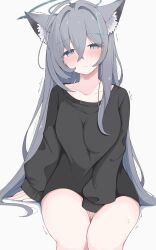  1girl :t absurdres ahoge alternate_costume animal_ear_fluff animal_ears aqua_eyes arm_at_side bad_source bare_legs between_legs black_halo black_sweater blue_archive blush broken_halo casual closed_mouth collarbone commentary_request cowboy_shot cross_hair_ornament crossed_bangs extra_ears feet_out_of_frame grey_hair hair_between_eyes hair_intakes hair_ornament halo hand_between_legs highres huge_ahoge invisible_chair long_hair long_sleeves looking_at_viewer mismatched_pupils no_pants nui_(nuinui0300) shiroko_(blue_archive) shiroko_terror_(blue_archive) simple_background sitting sleeves_past_wrists slit_pupils solo stifled_laugh straight_hair sweat sweater thighs trembling variant_set very_long_hair white_background wolf_ears wolf_girl 