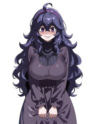  1girl absurdres ahoge breasts closed_mouth commentary cowboy_shot crossed_bangs dress gubee hair_between_eyes hairband hex_maniac_(pokemon) highres large_breasts long_sleeves looking_at_viewer nintendo pokemon pokemon_xy purple_dress purple_eyes purple_hair purple_hairband simple_background skirt_hold smile solo straight-on tachi-e wavy_mouth white_background 