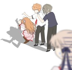  2boys 2girls ahoge akaixx asura_(mythology) black_pants black_ribbon black_shirt blurry braid brown_hair cat_shadow_puppet_(meme) commentary depth_of_field dress flower from_behind grey_hair hair_flower hair_ornament hair_ribbon highres kanbe_kotori kazamatsuri_institute_high_school_uniform long_hair meme multiple_boys multiple_girls orange_hair pants pink_dress pink_flower pleated_dress prank rewrite ribbon school_uniform senri_akane shadow shirt short_hair short_sleeves side_braid sidelocks simple_background spiked_hair squatting standing sweatdrop tennouji_kotarou twitter_username white_background white_shirt yoshino_haruhiko 