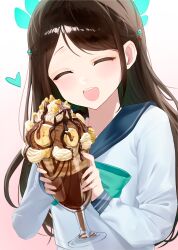  1girl absurdres airi_(blue_archive) bloom_muchi blue_archive blue_sailor_collar blush bow brown_hair closed_eyes cup food green_bow highres holding holding_cup long_hair looking_at_viewer open_mouth parfait sailor_collar school_uniform serafuku shirt solo teeth upper_teeth_only white_shirt 