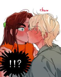  !? 1boy 1girl alien_stage blonde_hair blush brown_hair chinese_commentary collared_shirt commentary dark-skinned_female dark_skin grey_eyes grey_shirt hetero highres hyuna_(alien_stage) kieed12 kiss long_hair luka_(alien_stage) orange_shirt shirt short_hair surprise_kiss surprised turtleneck turtleneck_shirt 