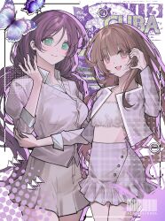 2girls absurdres bandeau barcode blue_butterfly blush breasts brown_eyes brown_hair bug butterfly button_up_skirt cardigan closed_mouth collarbone collared_shirt colored_shadow commentary_request commission commissioner_insert cowboy_shot crepe_commission dress_shirt drop_shadow fuzzy_clothes green_eyes grey_skirt halftone hand_up highres insect jacket jjanggeukgom korean_commentary long_hair love_live! love_live!_school_idol_project medium_breasts mole mole_on_cheek multiple_girls oc_x_canon open_clothes open_jacket original plaid_clothes plaid_skirt purple_skirt purple_theme second-party_source shadow shibuya_haruka_(sugarlesskoi) shirt skirt smile standing tojo_nozomi twintails unmoving_pattern white_shirt 