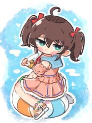  1girl ahoge blush bow chibi detached_sleeves flying_sweatdrops food frills hair_between_eyes hair_bow hair_ribbon heart highres holding holding_food holding_popsicle hololive holonatsu_paradise innertube jkbakabaka looking_at_viewer natsuiro_matsuri natsuiro_matsuri_(holonatsu_paradise) popsicle puffy_short_sleeves puffy_sleeves ribbon sailor_collar sandals short_sleeves sitting skirt solo swim_ring twintails virtual_youtuber 