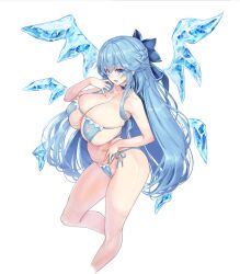 1girl aged_up bare_shoulders bikini blue_bikini blue_bow blue_choker blue_eyes blue_hair bow braid breasts choker cirno cirno-nee cleavage collarbone covered_erect_nipples detached_wings foot_out_of_frame from_side hair_bow hand_up highres huge_breasts ice ice_wings kiyama_satoshi legs long_hair looking_at_viewer micro_bikini open_mouth see-through_clothes side-tie_bikini_bottom simple_background skindentation smile solo strap_pull swimsuit touhou very_long_hair white_background wings 